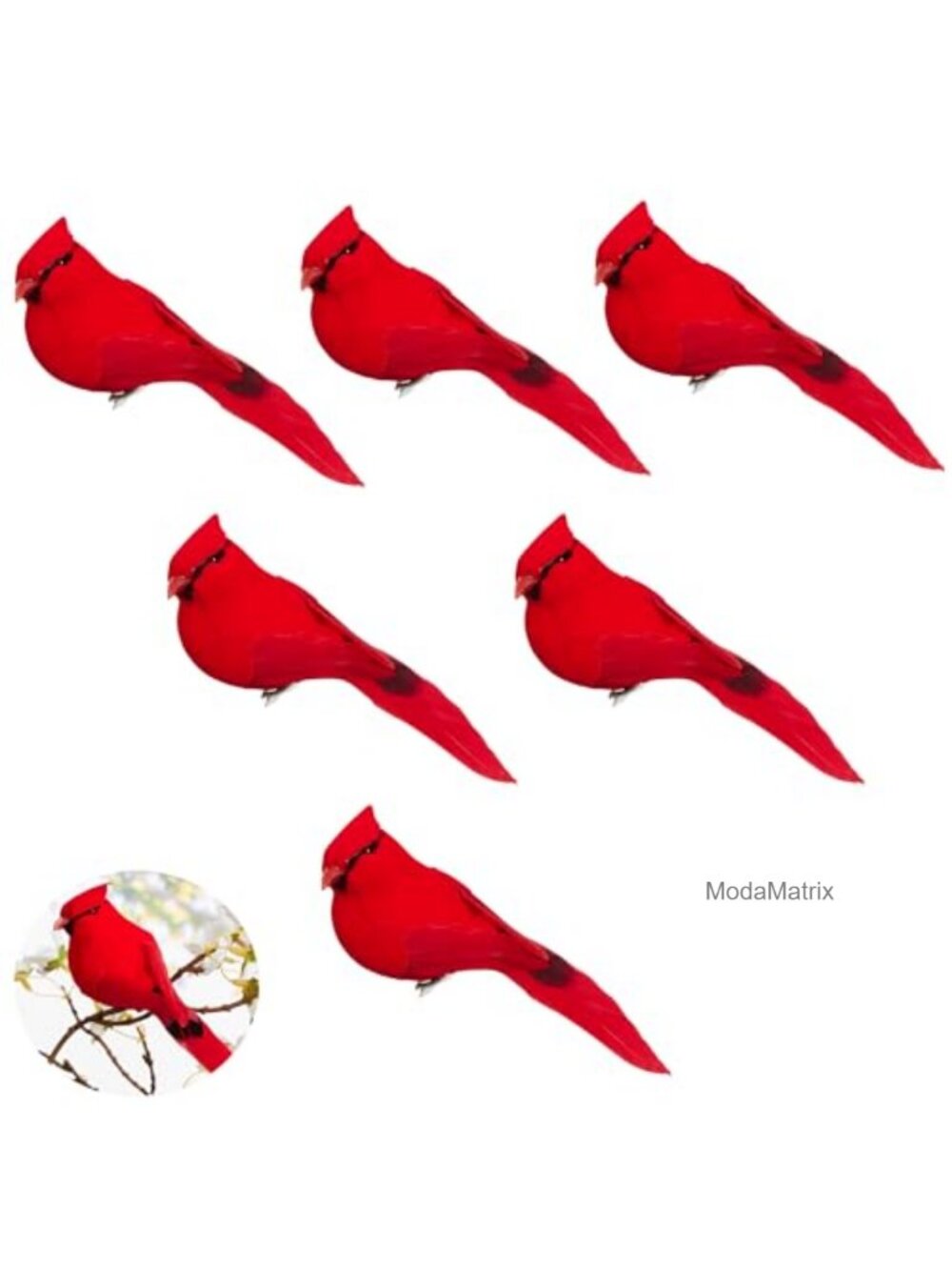 Cardinal Bird Ornaments 6pc Velvet Foam Clip-On Christmas Tree Decor 5.5in